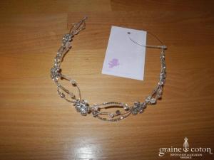 Bianco Evento - Diadème fin / headband en fil et perles argentés, fleurs strass (D37)