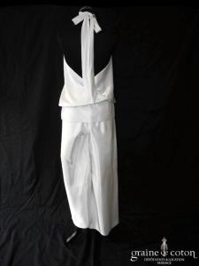 Lambert Création - Ensemble pantalon et top dos nu en satin ivoire (dos-nu fluide bretelles tour de cou taille basse)