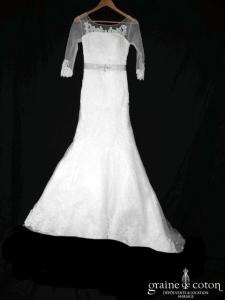 Au bonheur des mariées - Robe sirène en tulle et dentelle ivoire clair (laçage manches bretelles fluide bohème)