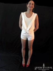 Delphine Manivet - Short court ivoire clair à bretelles (coton broché)