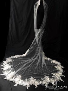 Bianco Evento - Voile simple long de 280 cm en soft tulle ivoire bordé d'une dentelle brodée et perlée (S307 sans rabat)