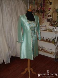 Max Chaoul - Ensemble turquoise robe en soie et veste longue en mikado de soie (non stocké en boutique, essayage sur demande)