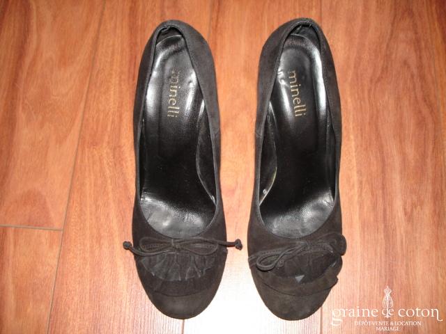 Minelli - Escarpins (chaussures) en daim noir et talons compensés
