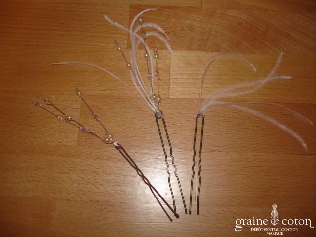Au fil perlé - Lot de 3 pics à cheveux perles, plumes et Swarovski