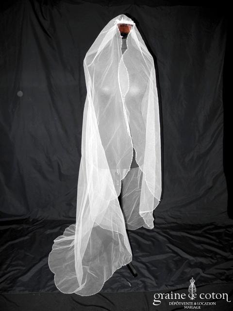 Pronovias - Voile long de 2 mètres en tulle ivoire bordé de fines perles