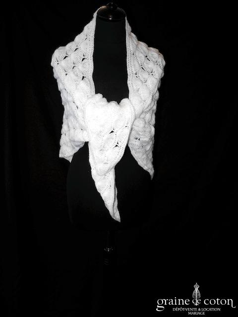 Châle/étole en laine ivoire, tricoté main