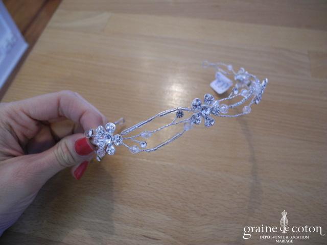 Bianco Evento - Headband souple orné de fleurs en verre strass et fil argenté