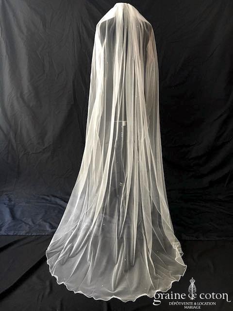 Bianco Evento - Voile simple long de 2 mètres en soft tulle ivoire surjeté avec strass Swarovski (S222 sans rabat)