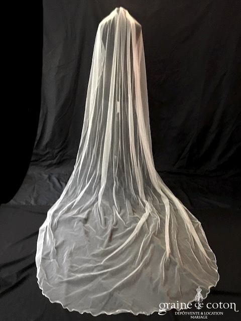 Bianco Evento - Voile long de 3 mètres simple en soft tulle ivoire surjeté (sans rabat)