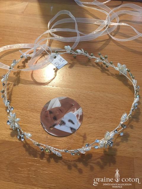 Bianco Evento - Headband fleurs argentées perles et strass avec ruban organza (2904 cheveux couronne)