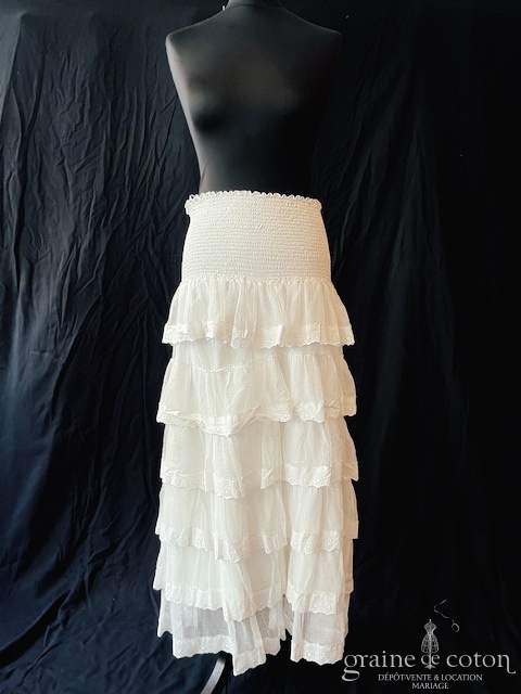 Delphine Manivet - Jupe mi-longue en coton blanc à volants de dentelle (courte tulle volants fluide bohème taille-haute taille-basse blanche)