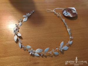 Bianco Evento - Headband bandeau feuilles argentées et fleurs cristaux Swarovski