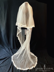 Bianco Evento - Voile double long de 220 cm en soft tulle ivoire bordé d'une dentelle guipure